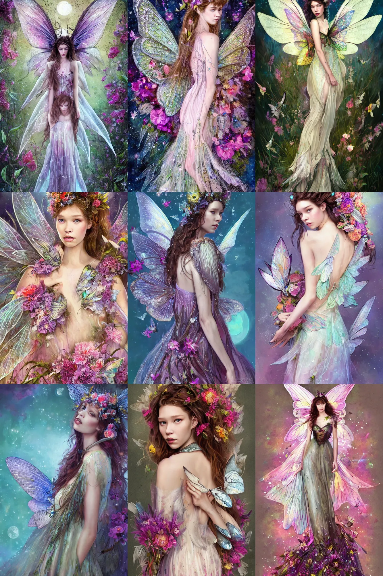 Prompt: astrid berges frisbey as a fairy. large lunar moth wings grow from her back. she is facing the camera. digital illustration. wearing a dress made out of flowers. trending on art station, low detail, dreamy, vivid colours. in the style of jedd chevrier. in the style of anne stokes. in the style of annie stegg.