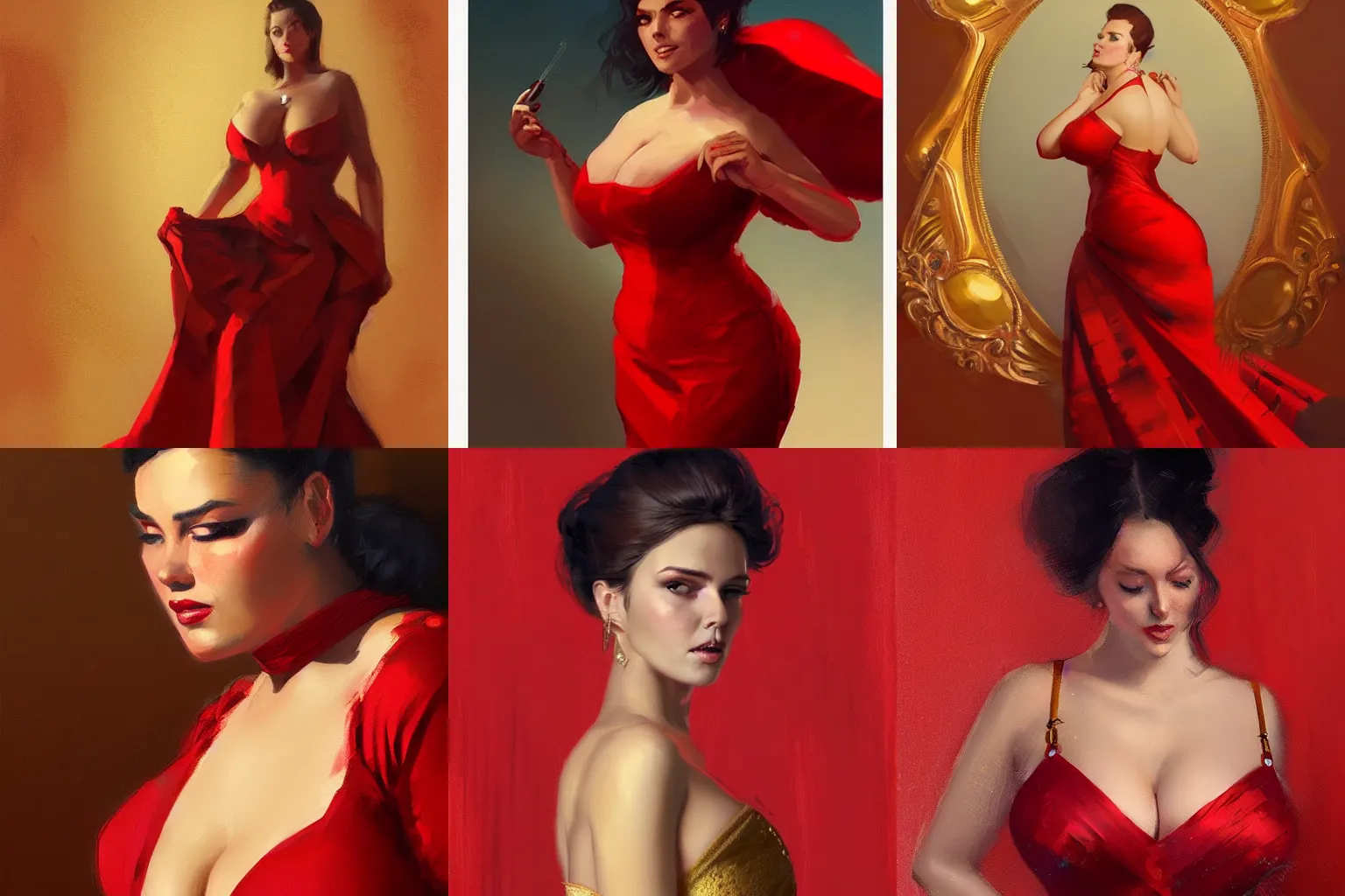 Prompt: artwork of a portrait of a voluptuous woman in a red dress with gold trim, trending on artstation, by greg rutkowski and rossdraws