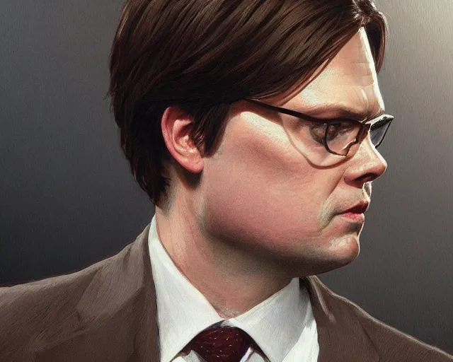 Image similar to close up of dwight schrute wearing a brown suit and necktie, focus, d & d, intricate, elegant, highly detailed, digital painting, artstation, concept art, matte, sharp focus, illustration, hearthstone, art by artgerm and greg rutkowski and alphonse mucha