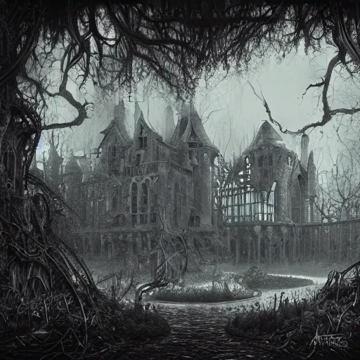 Image similar to mystical baroque castle in haunted swamp surrounded by dense forest with vines, creepy ambiance, desaturated, highly detailed, sharp focus, brutalist architecture, by artgerm, cgsociety