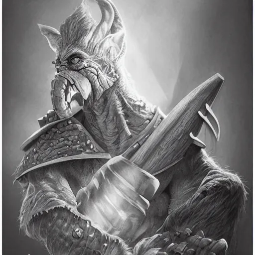 Prompt: hyper realistic pencil drawing of a goblin, D&D Art, detailed, rim light, diffused, intricate, axe, by anna dittmann