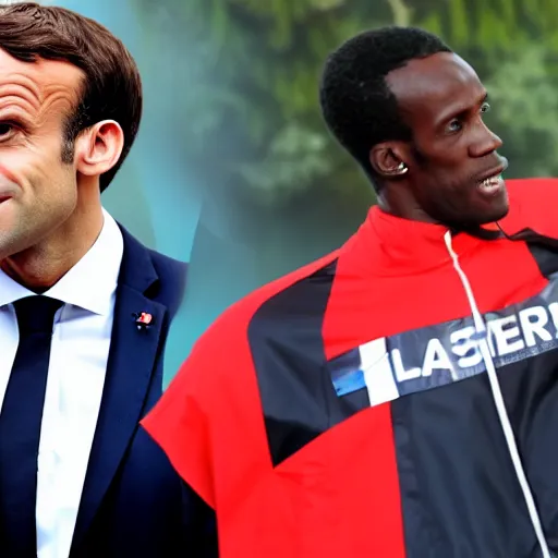 Prompt: Emmanuel Macron is running with Hussein Bolt