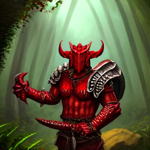 Image similar to A dragonborn with red scales and wings, wearing viking armor, in a rainforest, trending on artstation