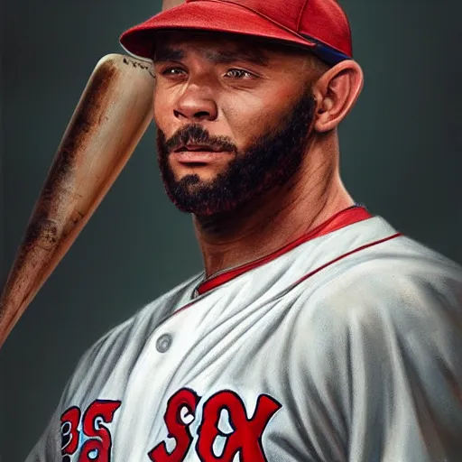 Image similar to portrait painting of boston red sox baseball player, unshaven, strong, ultra realistic, concept art, intricate details, serious, highly detailed, photorealistic, octane render, 8 k, unreal engine. art by artgerm and greg rutkowski and alphonse mucha