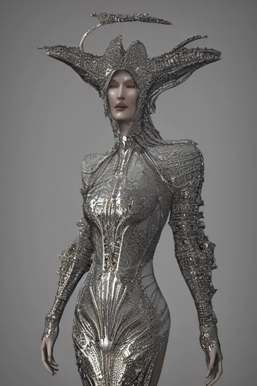 Prompt: a highly detailed 4 k render of a divine alien goddess bella hadid in iris van herpen dress schiaparelli in diamonds in style of alphonse mucha trending on artstation made in unreal engine 4