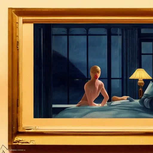 Image similar to Elle Fanning lost in the Bermuda Triangle night in the world of Edward Hopper, stormy snowy weather, extremely detailed masterpiece, oil on canvas, low-key neon lighting, artstation, Blade Runner 2049, Roger Deakin’s cinematography, by J. C. Leyendecker and Peter Paul Rubens,