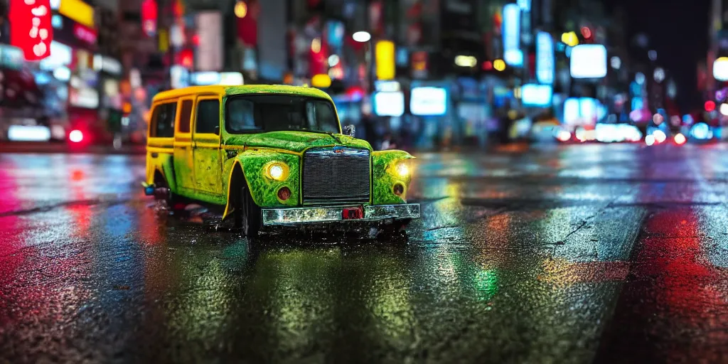 Image similar to color photograph close up macro shot of a ford t car on wet tokyo street at night in the future, intricate, hyper detailed, smooth, dramatic lighting, cinematic