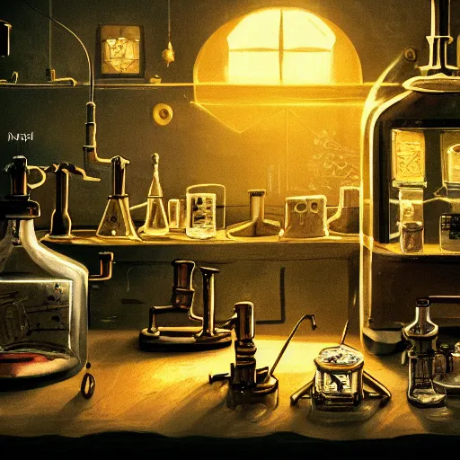 Image similar to inside a mysterious alchemist\'s laboratory, 70mm film, trending on artstation