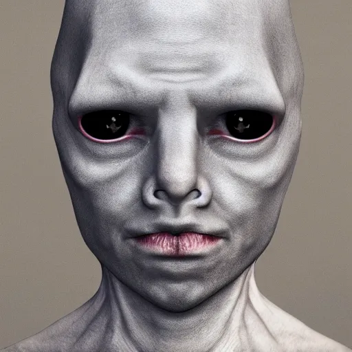 Image similar to 4 k portrait photography grey alien human hybrid face