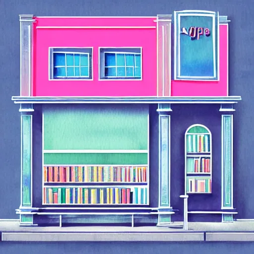 Image similar to art deco vaporwave watercolor illustration of a bookstore, in pastel and bright colors