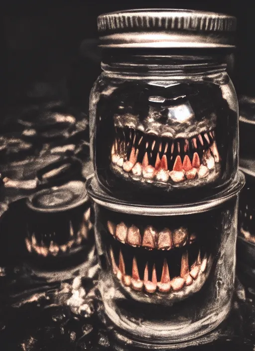 Prompt: jar full of teeth, dark, doom, obscure, high definition, high quality photo, 8k