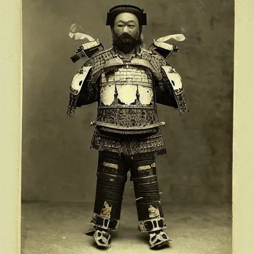 Prompt: “grizzly bear in full ornate samurai armour, 1900’s photo”