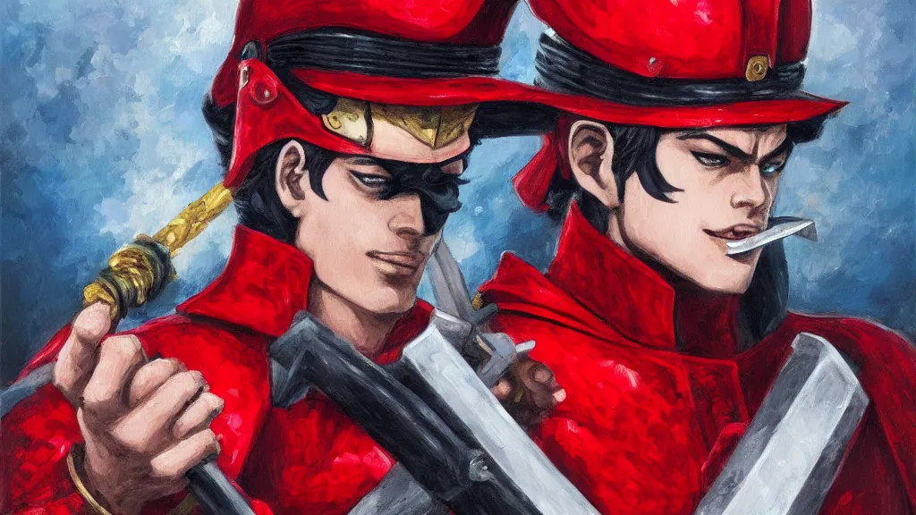 Prompt: Jotaro Kujo in scarlet red holy knight armour wear a helmet in the shape of heron cover upper half of his face, hold a cross sword with fire vertically, high detailed, precise and neat artist Sangood Jeong style, oil painting texture