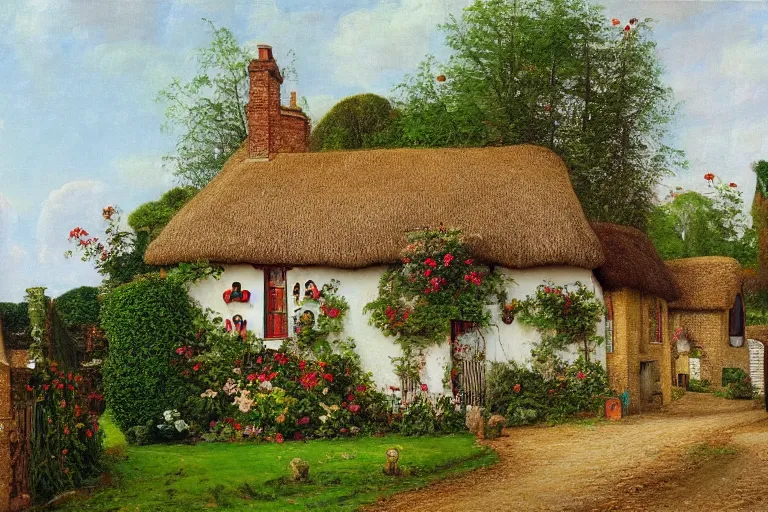 Image similar to A quaint cottage in an English village, merry england, oil on canvas, 4k, detailed, in the style of William Holman Hunt