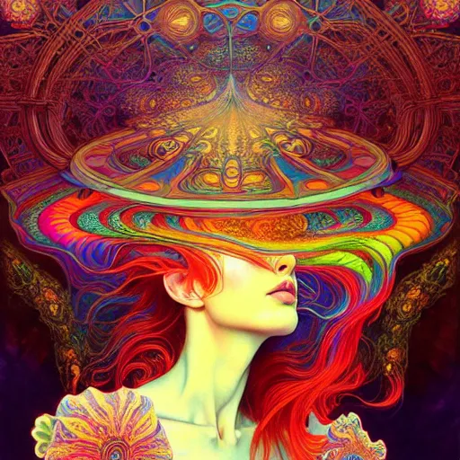 Image similar to An extremely psychedelic experience, reality bending, colorful, surreal, magic mushrooms, psilocybin, LSD, face, detailed, intricate, elegant, highly detailed, digital painting, artstation, concept art, smooth, sharp focus, illustration, art by Krenz Cushart and Artem Demura and alphonse mucha