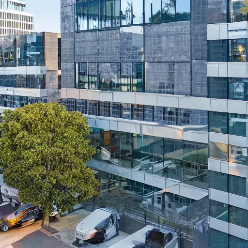 Image similar to wide aerial view, a beautiful office building exterior with sleek modern design by Gensler and large windows, golden hour - W 768