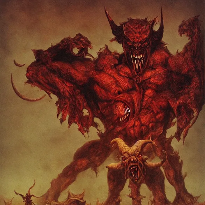 Image similar to horned demon berserker, muscular body, demon, balrog, beksinski