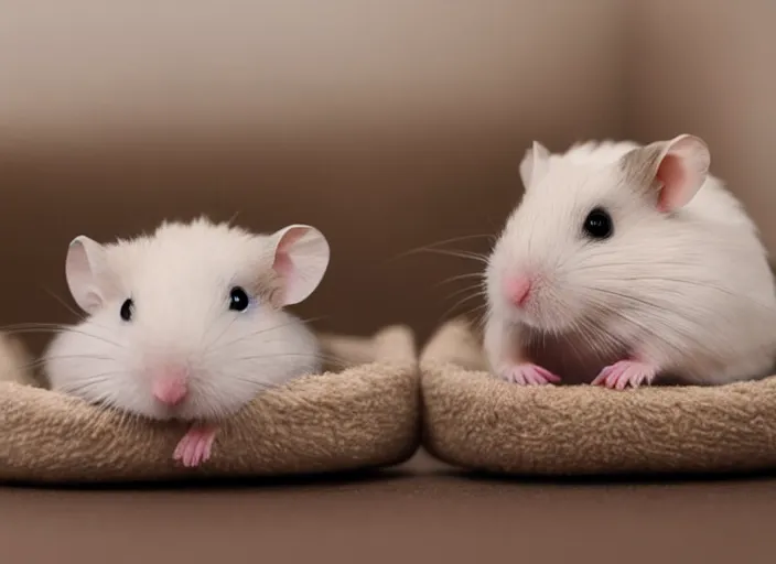 Prompt: photo of a two hamsters laying inside a bed, cinematic color grading, various poses, soft light, faded colors, well framed, sharp focus, 8 k