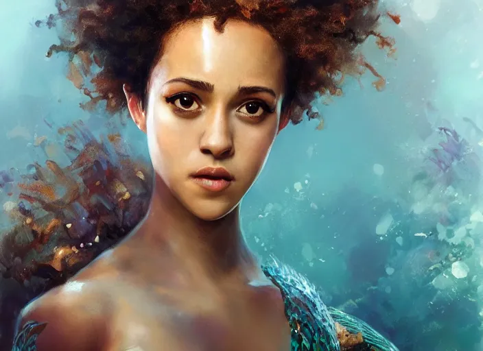 Prompt: A portrait of Nathalie Emmanuel as a mermaid by Ruan Jia and Mandy Jurgens and Artgerm and william-adolphe bouguerea, highly detailed, trending on artstation, award winning