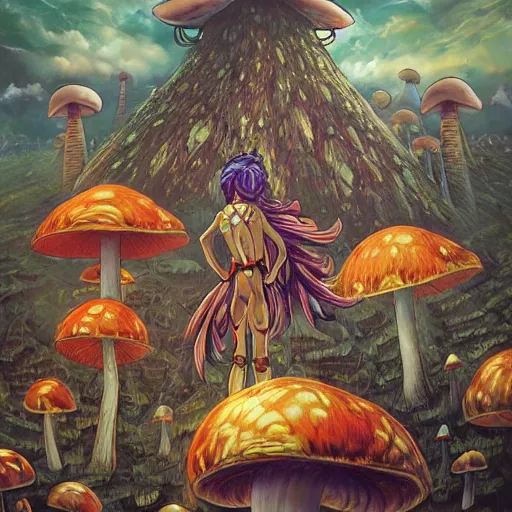 Prompt: anime 4 k headshot portrait of a psychedelic demonic anthropomorphic insect knight with mushroom themed clothes, magic mushroom village in background by jeff easley, award winning, stylized neon, post - processing, masterpiece, superb resolution. in the art style of junji ito and greg rutkowski. detailed mushroom city in background. hyper realistic anime. perfect art. dalle 2