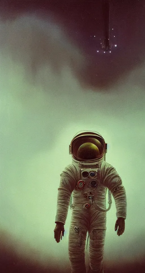 Image similar to Painting in a style of Beksinski featuring an astronaut, dramatic lighting, full face, very detailed, 8k, fog, portrait, movie scene, creepy