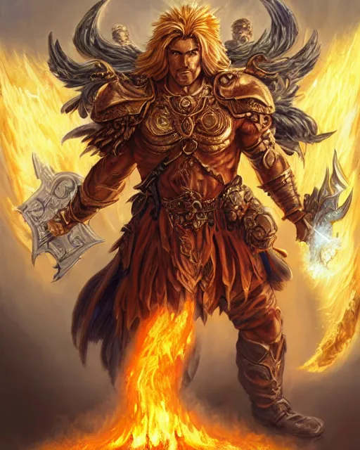 Prompt: mtg character portrait of a brawny male leonin warrior lion angel of justice, with fiery golden wings of flame, wearing shining armor, wielding a flaming sword and holding a large fiery shield, by peter mohrbacher, mark brooks, jim burns, wadim kashin, greg rutkowski, larry elmore, esao andrews, trending on artstation