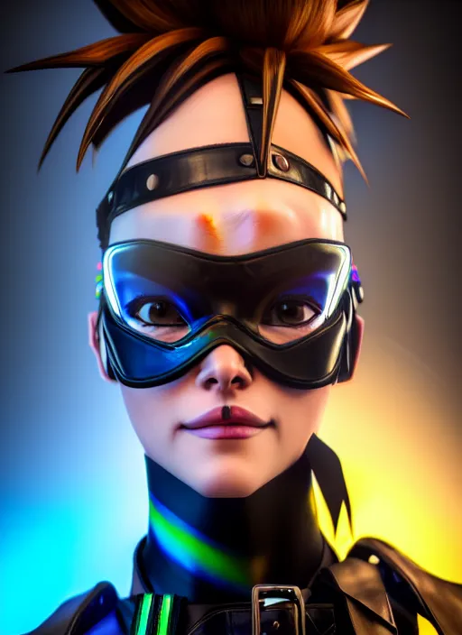 Image similar to hyperrealistic style portrait of tracer overwatch, confident pose, wearing black iridescent rainbow latex, 4 k, expressive happy smug expression, makeup, in style of mark arian, wearing detailed black leather collar, wearing sleek armor, black leather harness, expressive detailed face and eyes,