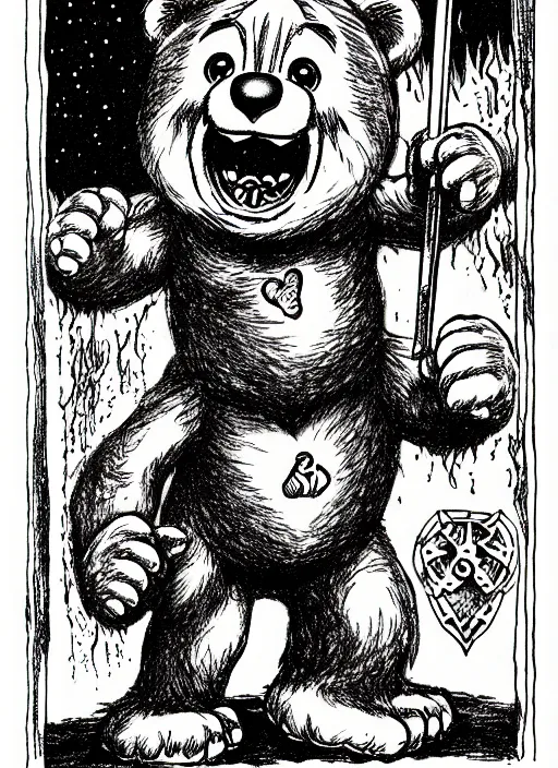 Image similar to a care bear as a d & d monster, on square background, pen - and - ink illustration, etching, by russ nicholson, david a trampier, larry elmore, 1 9 8 1, hq scan, intricate details, high contrast