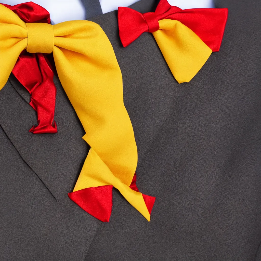 Prompt: close - up view of a red bowtie on yellow background, 8 k, high detail, photorealistic, proper shading