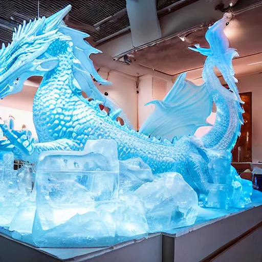 Image similar to a majestic dragon made of ice, crystal - clear ice sculpture, detailed fantasy photography