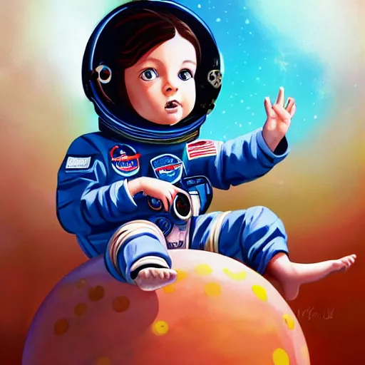 Image similar to a painting of a little girl with short wavy curly light brown hair and blue eyes, floating in space. she is an astronaut, wearing a space suit. beautiful detailed face line art by ilya kuvshinov and