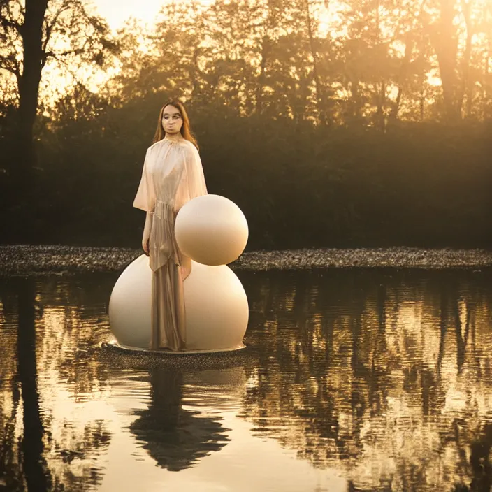Image similar to a closeup portrait of a woman wrapped in plastic, standing next to a giant levitating orb, in a foggy pond, golden hour, color photograph, by vincent desiderio, canon eos c 3 0 0, ƒ 1. 8, 3 5 mm, 8 k, medium - format print