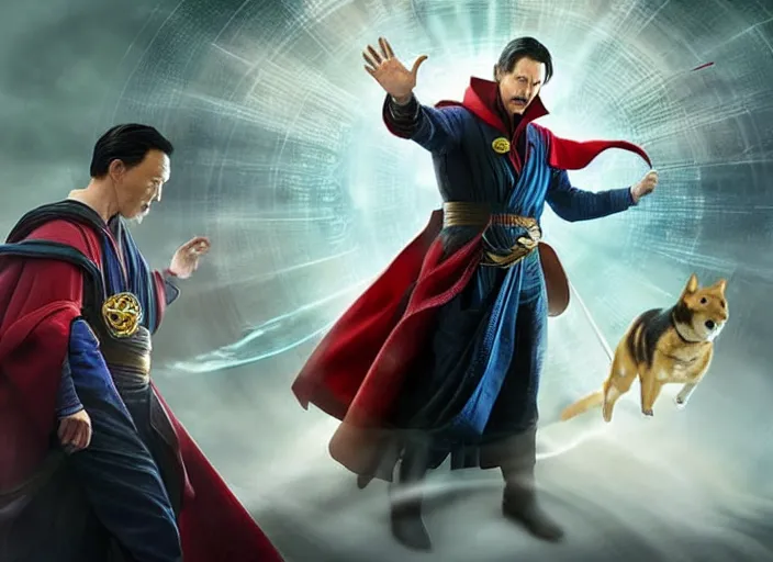 Image similar to dr. strange casting a shield spell in the metaverse with a shiba inu at his feet, hyper realistic, highly detailed, perfect face, smooth, focus, digital art, cinematic