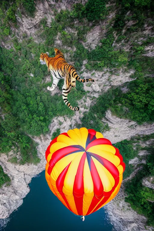 Image similar to realistic hairy tiger attached to a large open balloon parachute in the middle of the air jumping from a mountain cliff. photo captured by a drone. wide angles lens. epic