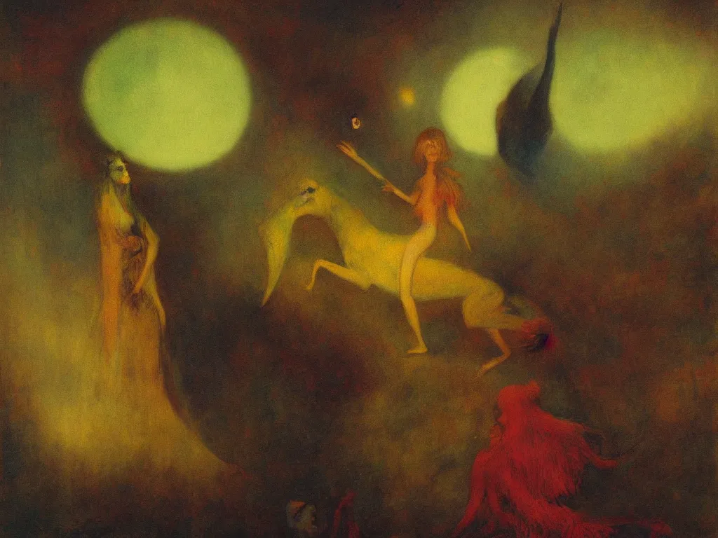 Prompt: dramatic lighting colorful surrealist symbolist oil painting titled'mama here comes midnight with the dead moon in its jaws ', magical realism symbolist, wooded landscape with hybrid animal figures, painted by arnold bocklin and odilon redon and max ernst, shocking detail trending on artstation 8 k