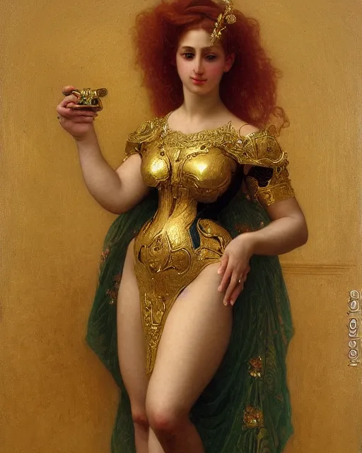 Prompt: Jessica Rabbit, dressed in ornate, detailed, intricate gold armor, detailed oil painting by William Adolphe Bouguereau