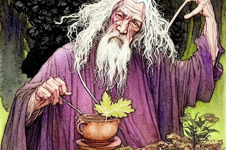 Prompt: a realistic and atmospheric watercolour fantasy character concept art portrait of gandalf with pink eyes freaking out with a pot leaf nearby, by rebecca guay, michael kaluta, charles vess and jean moebius giraud