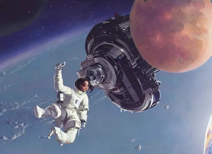 Image similar to closeup shot of a gorgeous inspiring girl in space suit doing a maintenance of a space station in orbit of the moon by Craig Mullins, ilya kuvshinov, krenz cushart, artgerm trending on artstation by Edward Hopper and Dan Mumford and WLOP and Rutkovsky, beksinski carl spitzweg moebius and tuomas kocar, intricate artwork by caravaggio, Unreal Engine 5, Lumen, Nanite