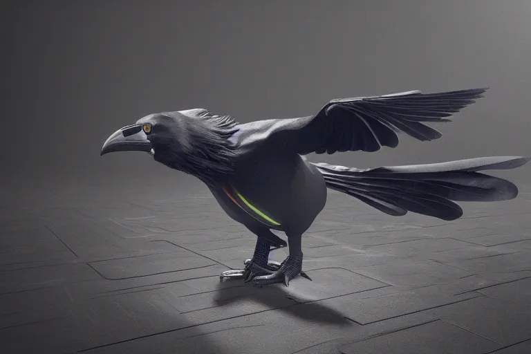 Image similar to the raven bird in the sports arena, octane render, realistic, unreal engine 5, raytracing, trending on artstation