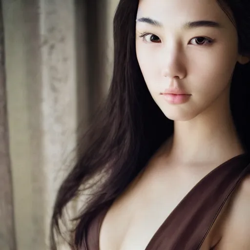 Image similar to a masterpiece portrait photo of a beautiful young woman who looks like a korean gal gadot, symmetrical face