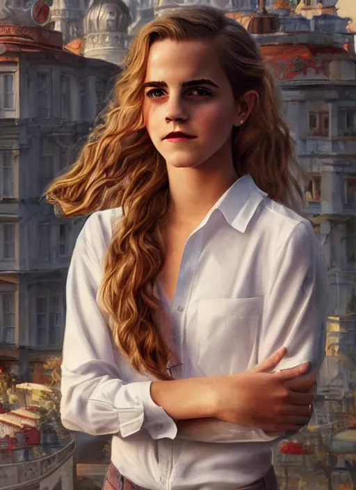 Image similar to portrait of teenage emma watson, long haircut, flowing blonde curly hair, white shirt, red tie, smiling kindly, soviet house at background, 1 9 8 0 s, intricate, elegant, glowing lights, highly detailed, digital painting, artstation, concept art, smooth, sharp focus, illustration, art by wlop, mars ravelo and greg rutkowski