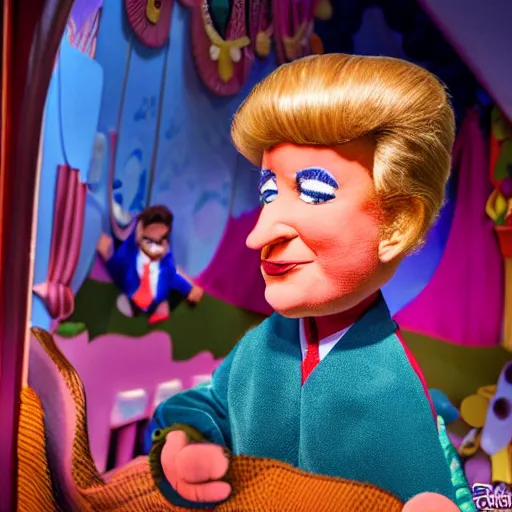 Image similar to a six year old child puppet in the its a small world ride in real life that looks exactly like donald trump, highly detailed, high definition, ultra realistic