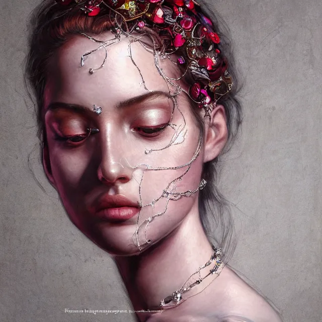 Image similar to studio portrait of absurdly beautiful, elegant, young woman made of rubies looking up, ultrafine hyperrealistic detailed face illustration by kim jung gi, irakli nadar, intricate linework, sharp focus, bright colors, matte, octopath traveler, final fantasy, unreal engine highly rendered, global illumination, radiant light, intricate environment