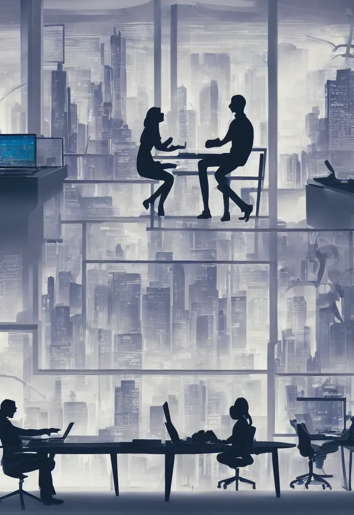 Prompt: silhouette of hugging couple, sitted husband at his futuritic desk, windiw with a futuristic city, rossdraws, global illumination, radiant light, detailed and intricate environment