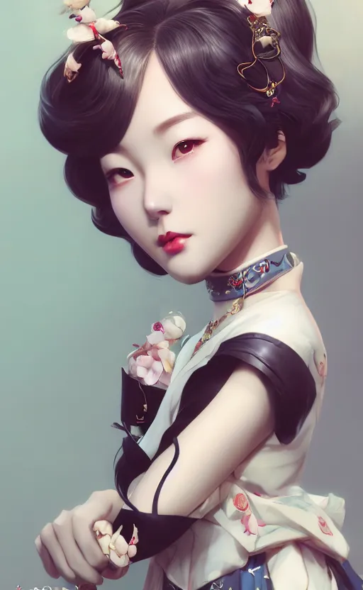 Image similar to a pin up and beautiful fashion charming dreamlke korea girl with lv jewelry, character art, art by artgerm lau and kyoung hwan kim and and ilya kuvshinov and john singer sargent, hyperdetailed, 8 k realistic, symmetrical, frostbite 3 engine, cryengine, dof, trending on artstation, digital art