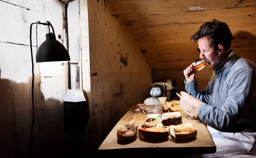 Image similar to man sitting facing away, working in dark radio booth, one single lamp, dingy, eating old sandwich, sandwich, leaking oil, drip, sweat, tannoy, strange