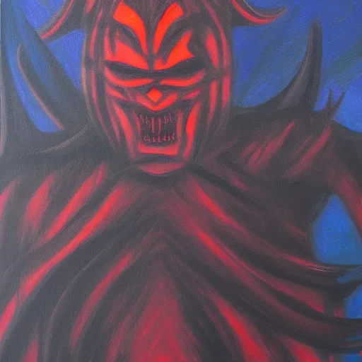 Image similar to Demon ninja warrior, Acrylic on canvas, low-key lighting, low angle, somber, sinister, doom, haunting