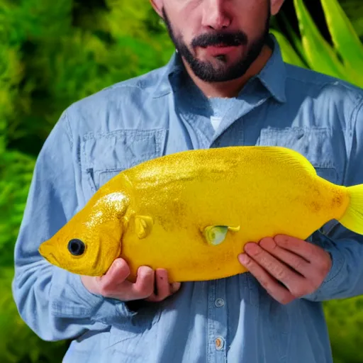 Image similar to A photo of a suprised man holding the world's mos yellow fish, realistic, ultra high detail, 8k.