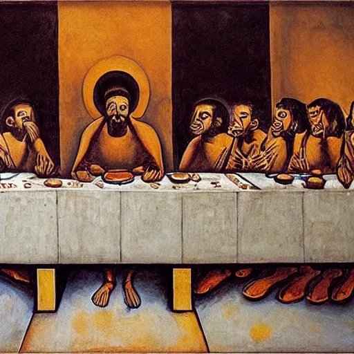 Image similar to the last supper painted by David Alfaro Siqueiros detailed, hyper-detailed, very realistic
