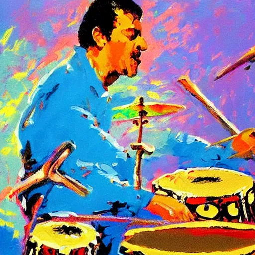 Image similar to painting of neal peart playing a drum solo, by leroy neiman, hd, detailed, award winning